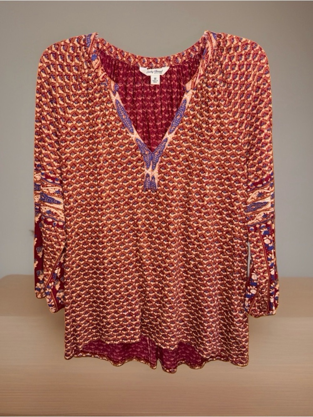 Lucky Brand Women’s Burgundy and Orange Patterned V-Neck Blouse-M-EC